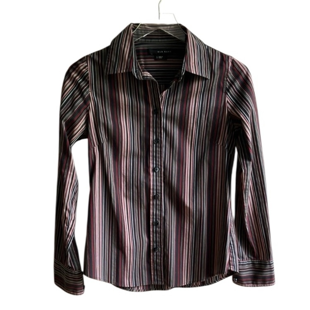 Old Navy Striped Button Down Shirt Size S Black Red Office Preppy Academia Work